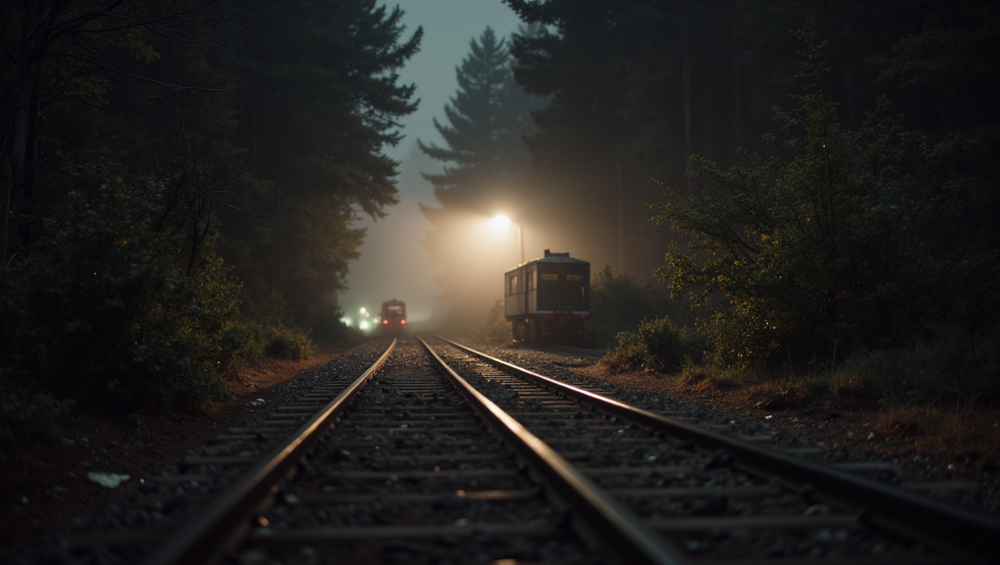 Dark picture with a train and a rail